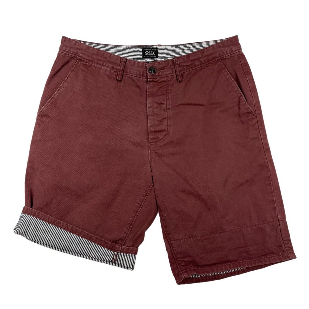 Obey Propaganda Mens 9" Chino Shorts Size 32 Maroon Casual Flip Cuff Twill
